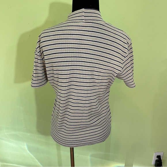 VINTAGE Y2K RIBBED STRIPED YELLOW BLUE MOCK NECK SHORT SLEEVE TOP SIZE MEDIUM - Picture 2 of 8